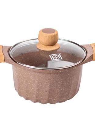 Алюминиевая кастрюля объемом 3 литра с крышкой ø 20 см, мраморное антипригарное покрытие mgc кофейного цвета