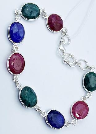 Браслет серебряный с рубином,сапфиром,изумрудом 17+2 см 9,67 г