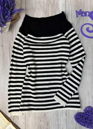 Женский свитер вязаный чёрно белый в полоску размер s (44)