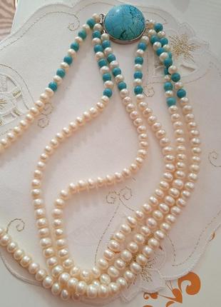 Намисто 3 рядне з білих натуральних перлів  з бірюзою -44-46-48 см, бірюза 3 см діаметр, перли 7 мм