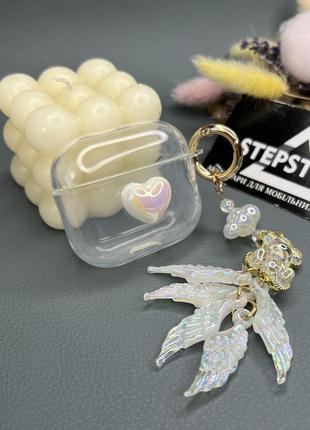 Чохол для apple airpods 3 серце з брелоком-карабіном ведмедик крилья протиударний прозорий силіконовий