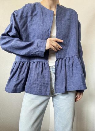Джинсовый пиджак хлопок накидка с рюшами воланами жакет синий блейзер коттон пизак оверсайз пиджак деним жакет винтажный пиджак6 фото