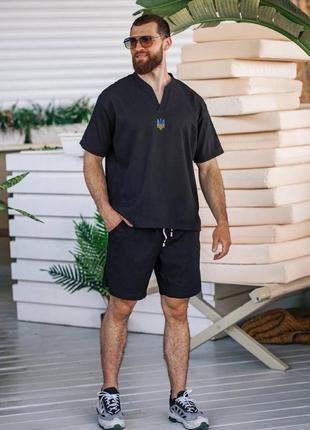 Полоска лен льняной натуральный костюм шорты прямая объёмный свободный короткий рукав шорты футболка оверсайз2 фото
