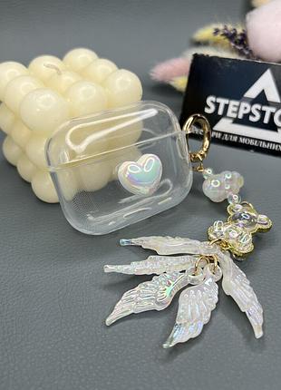 Чохол для apple airpods pro сердечко з брелоком-карабіном ведмедик крилья протиударний прозорий силіконовий
