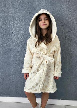 Новогодний детский халат с снежинками теплый плюшевий удлиненный халат с капюшоном