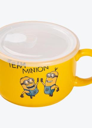 Кружка керамічна з пластиковою кришкою, 900 мл, для супу та локшини minions