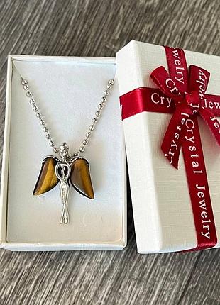 Подвеска ангел со вставками из натурального камня тигровый глаз - кулон на цепочке в подарочной коробочке
