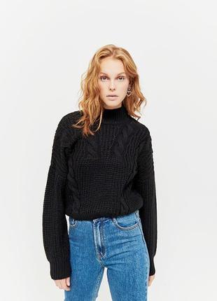 M свитер оверсайз короткий женский черный теплый зимний с горловиной гольф