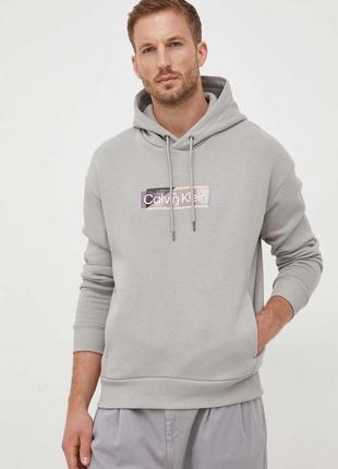 Кофта calvin klein чоловіча колір сірий з капюшоном з принтом