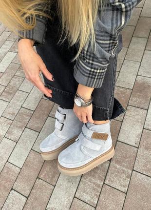 Уггі жіночі замшеві сірого кольору на липучках цигейка 35-42