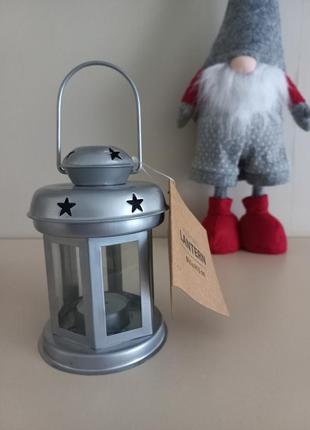 Подсвечник фонарь новогодний серебристый