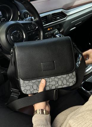Coach sprint map 25 black leather/grey canvas, чоловіча сумка, мужская сумка