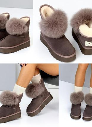 Зимові натуральні шкіряні/замш угги уггі опушкою з натуральною шерстю утовщена...