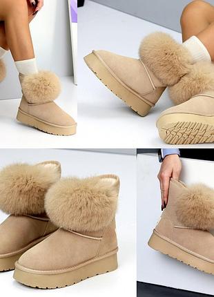 Зимові натуральні шкіряні/замш угги уггі опушкою з натуральною шерстю утовщена...