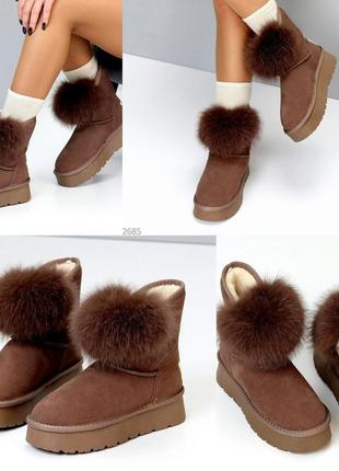 Зимові натуральні шкіряні/замш угги уггі опушкою з натуральною шерстю утовщена...
