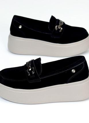 Теплые демисезонные натуральные кожаные/замш туфли мокасины с мехом на платформе/танкетка 36-40