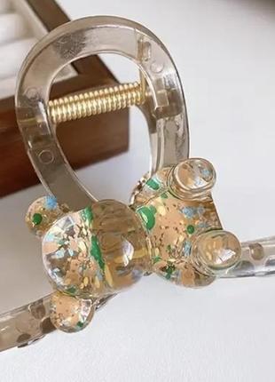 Элегантная нарядная женская заколка прозрачная краб с мишкой