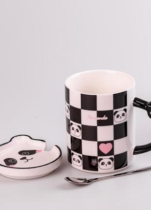 Чашка керамічна the panda 350мл з блюдцем та ложкою кухоль із блюдцем і ложкою шахівка