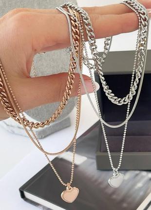 Тройные цепочки медсталь и родиной подвеска колье сердечко