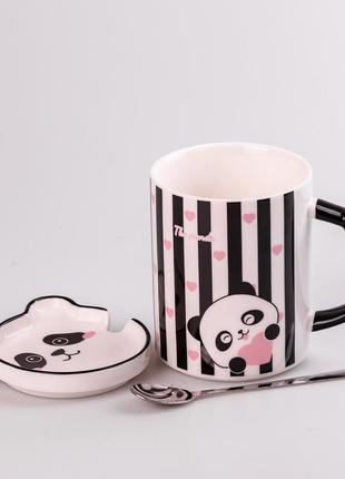 Чашка керамічна the panda 350мл з блюдцем та ложкою кухоль із блюдцем і ложкою смужка
