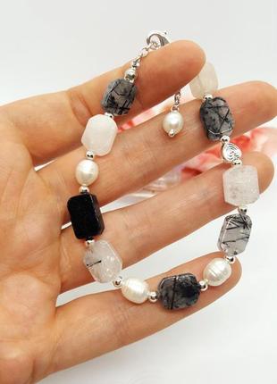 🖤🤍 шикарний браслет натуральний камінь рутиловий кварц і річкові перли6 фото