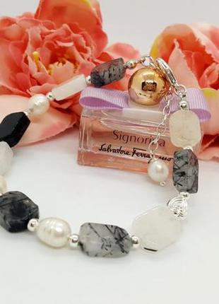 🖤🤍 шикарний браслет натуральний камінь рутиловий кварц і річкові перли2 фото