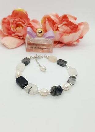 🖤🤍 шикарний браслет натуральний камінь рутиловий кварц і річкові перли3 фото