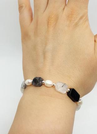 🖤🤍 шикарний браслет натуральний камінь рутиловий кварц і річкові перли7 фото