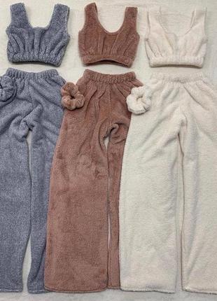 Піжама тепла махрова: топ + штани вільного крою на високій посадці + резинка з якісної тканини мокко молочна сіра стильна трендова