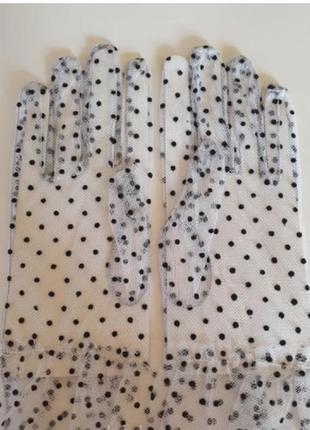 Прозрачные перчатки фатин белые в горошек