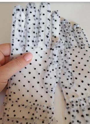 Прозрачные перчатки фатин белые в горошек