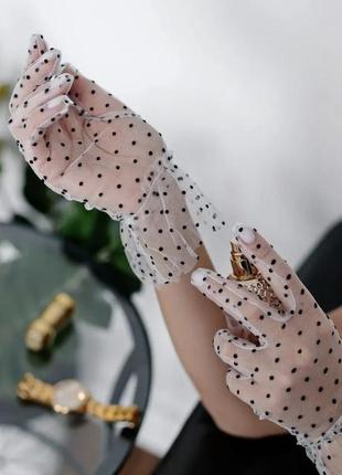 Прозрачные перчатки фатин белые в горошек