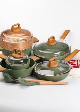 Набор посуды mgc 2 кастрюли, 2 сковороды, сотейник, пароварка, половник, лопатка, фартук