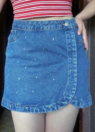 Джинсова спідниця з стразами
