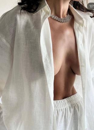 Костюм жіночий лляний оверсайз сорочка на гудзиках штани вільного крою на високій посадці якісний стильний бежевий білий3 фото