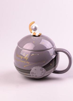 Чашка керамическая starry sky 400мл с крышкой и ложкой серый