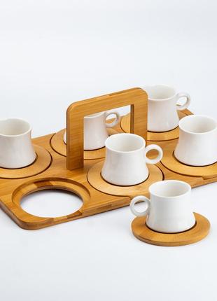 Набор чашек с блюдцами для чая и кофе 6 шт с деревянной подставкой3 фото