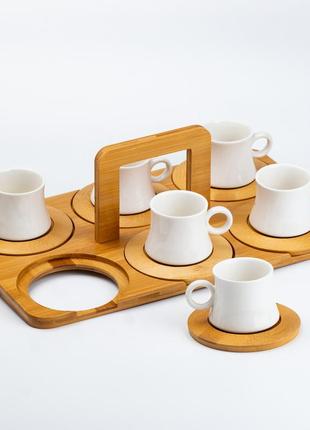 Набор чашек с блюдцами для чая и кофе 6 шт с деревянной подставкой4 фото