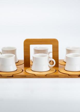 Набор чашек с блюдцами для чая и кофе 6 шт с деревянной подставкой5 фото