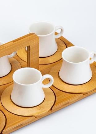 Набор чашек с блюдцами для чая и кофе 6 шт с деревянной подставкой6 фото