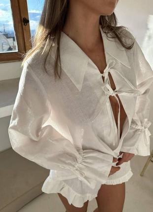 Костюм жіночий лляний білий оверсайз сорочка шорти короткі якісний стильний4 фото