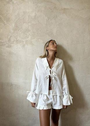 Костюм жіночий лляний білий оверсайз сорочка шорти короткі якісний стильний2 фото
