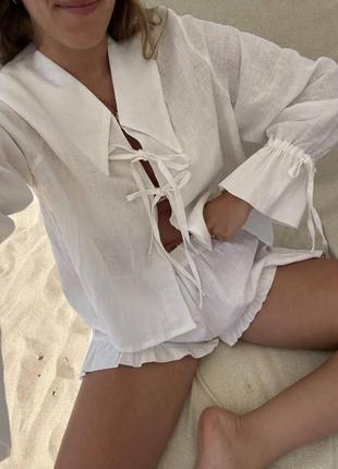 Костюм жіночий лляний білий оверсайз сорочка шорти короткі якісний стильний3 фото