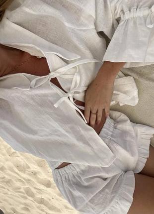 Костюм жіночий лляний білий оверсайз сорочка шорти короткі якісний стильний5 фото