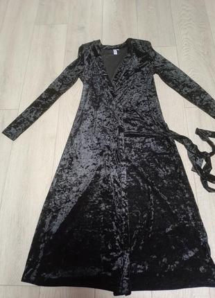 Платье макси на запах бархатная черная франция2 фото