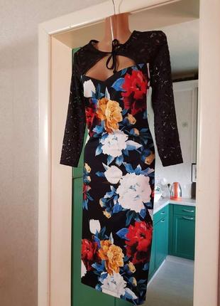 Розпродаж сукня prettylittlething міді asos з мереживними рукавами та коміром на зав'язці4 фото
