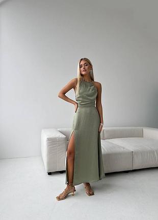 Сукня міді шовкова з розрізом по нозі на брителях якісна стильна трендова чорна оливкова3 фото