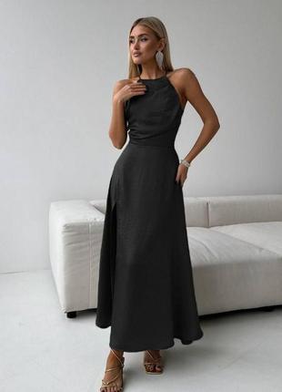 Сукня міді шовкова з розрізом по нозі на брителях якісна стильна трендова чорна оливкова1 фото