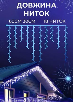 Гірлянда вулична бахрома 100 led світлодіодна 3 метри білий провід 18 ниток синій5 фото