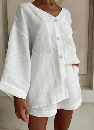Костюм жіночий лляний оверсайз сорочка на гудзиках шорти на високій посадці з кишенями якісний стильний молочний малиновий